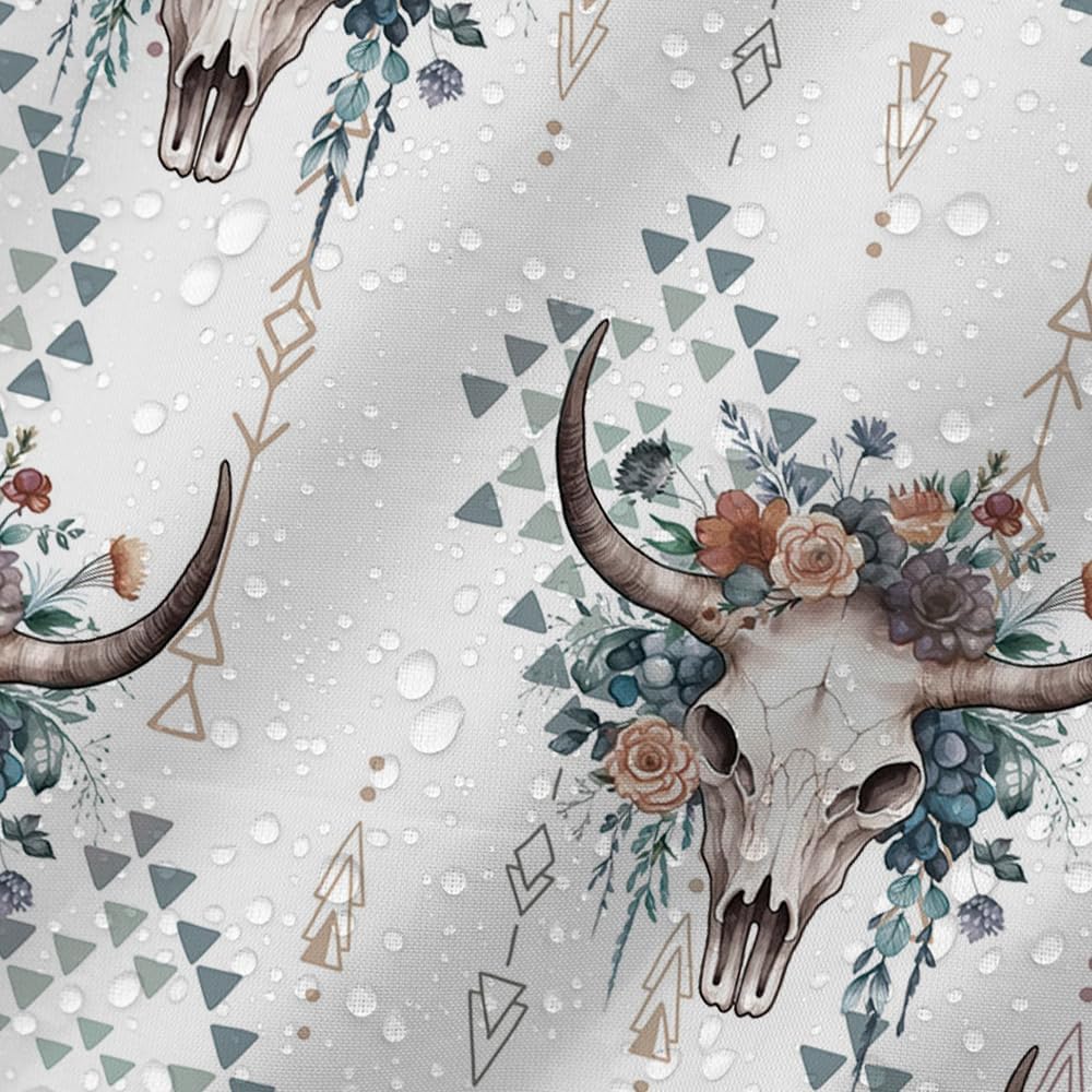 MEHOFOND Boho Western Cow Skull Shower Curtain - Bull Skull Flower Head - Farmhouse Country - Waterproof Fabric - 72x72 Inch
