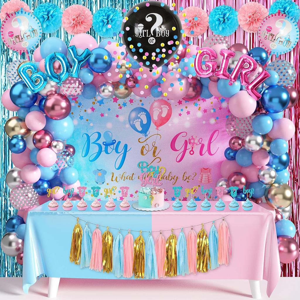 109Pcs Gender Reveal Decorations Boy or Girl Gender Reveal Party Supplies Including Balloons Tablecloths Backdrop Cake Toppers Fringe Curtains Tissue