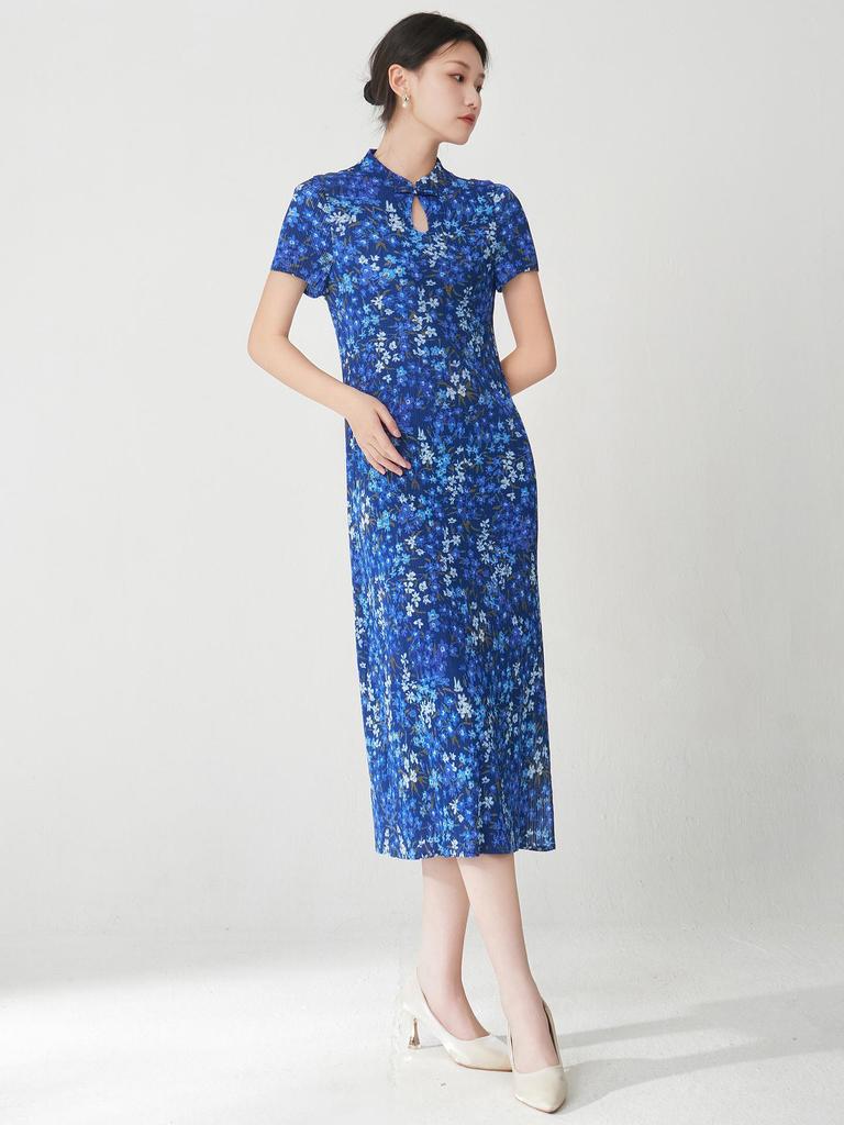 Miyake Retro Elegant Print Stand Collar Mid-Length Qipao