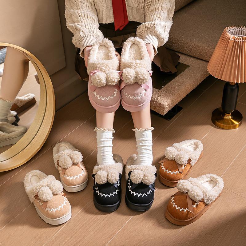 Fluffy Pom-pom Cotton Slippers Women's Winter Indoor Home Non-slip Thick Bottom Velvet Warm Outer Wear Cute Cotton Drag Women's Models