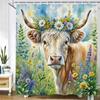 Watercolor Plants And Highland Cow Animal Shower Curtain Print Polyester Waterproof Bathroom Curtains With Hook Decorate Curtain