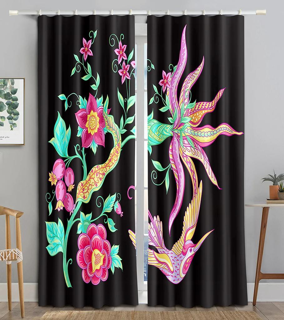 New Cheap Pink Flower Fish Green Peacock Curtain Bedroom Hotel Window High Shading  New Fashion Beautiful Color Pattern 2 Panel