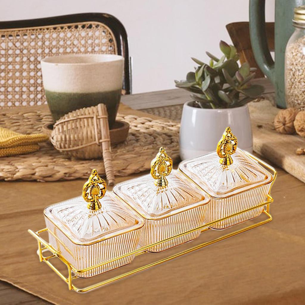 Condiment Tray Serving Platter with Lidded Bowls Divided Snack Dishes Rack Fruit Dessert Organizer