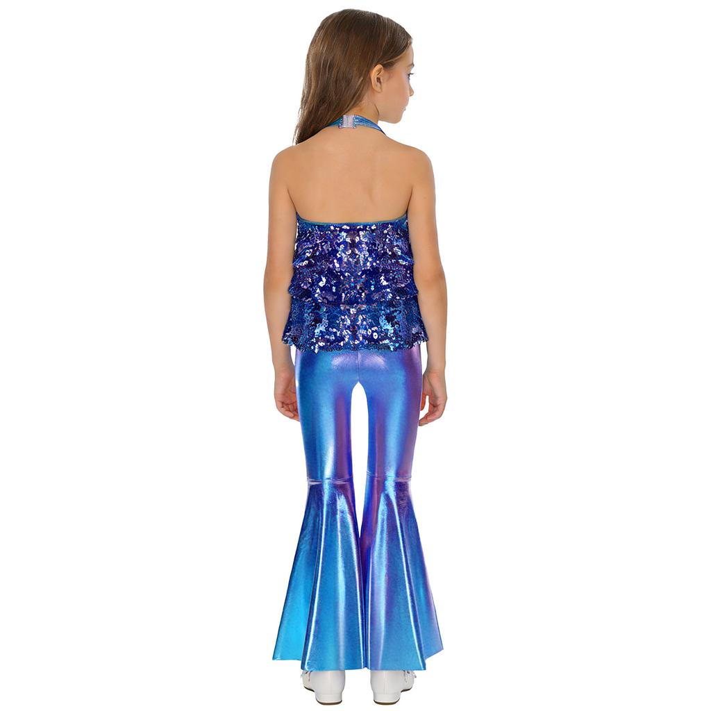 Children‘s Shiny Sequins Halter Neck Backless Jazz Dance Bodysuit and Split Flare Metallic Pants for Competition Recital