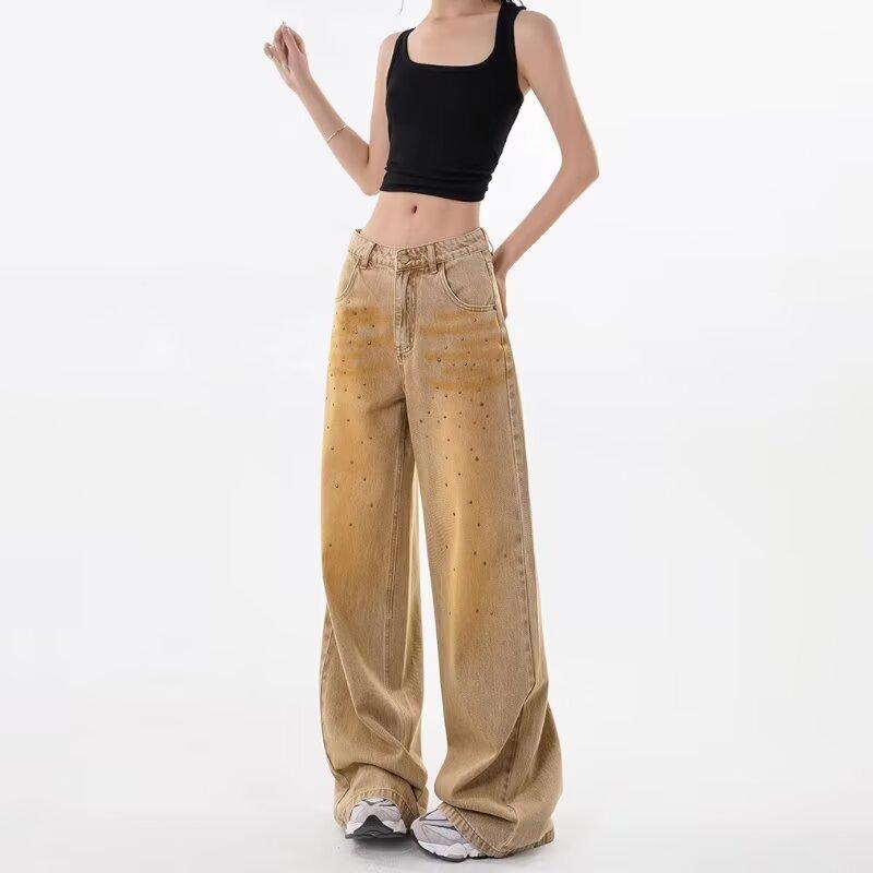 

Женские облегающие джинсы JYL Летние джинсовые брюки с высокой талией, стразами и широкими штанинами S синий белл