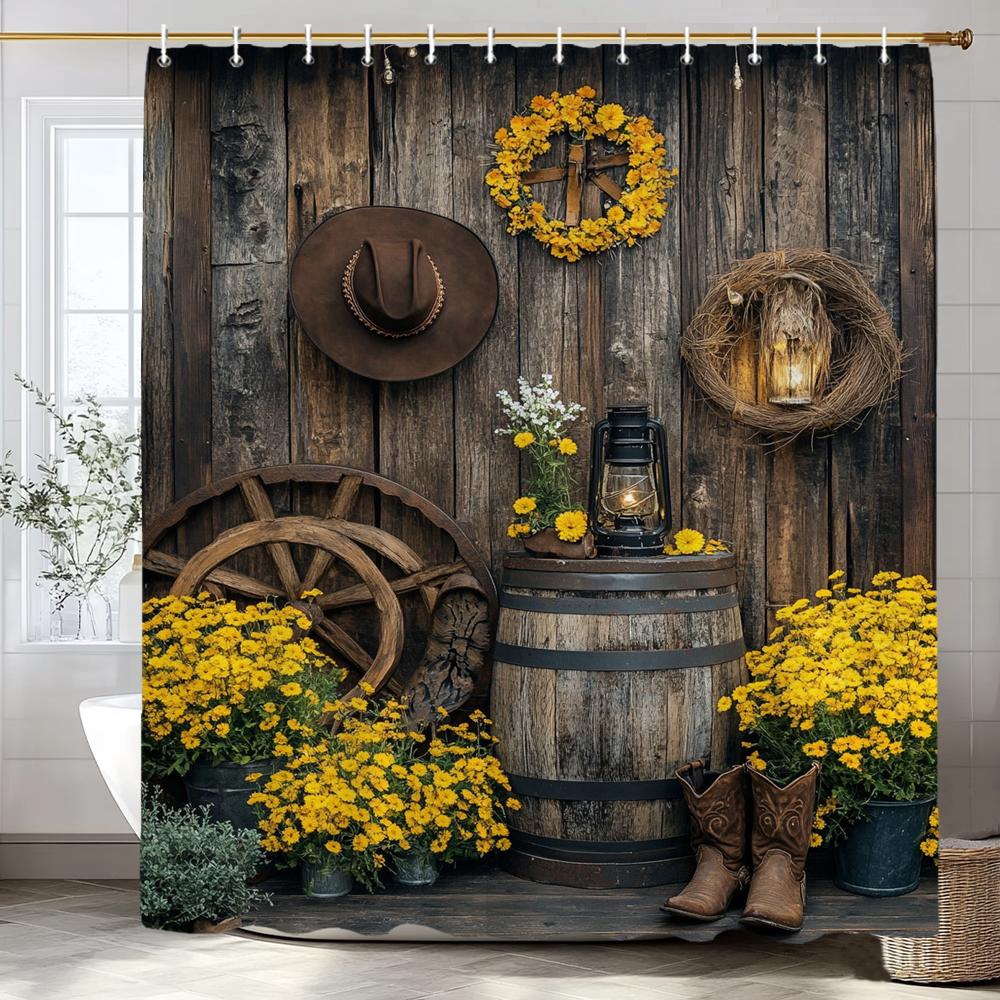Flower Scenery Of Rural Farmhouse Shower Curtain, Bathroom Decorative Shower Curtain, Home Decorative Curtain With Hooks