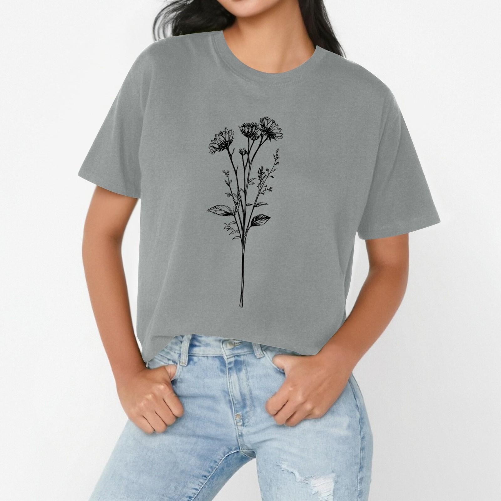 

Women s casual floral print loose T-shirt -neck pullover short-sleeved top XXL