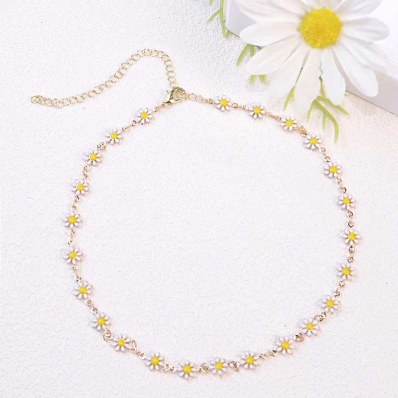 Pingyongchang Daisy Flower Necklace and Bracelet Set for Women - Bohemian Enamel Choker, Handmade Gold Spring Sunflower Jewelry for Party and Beach