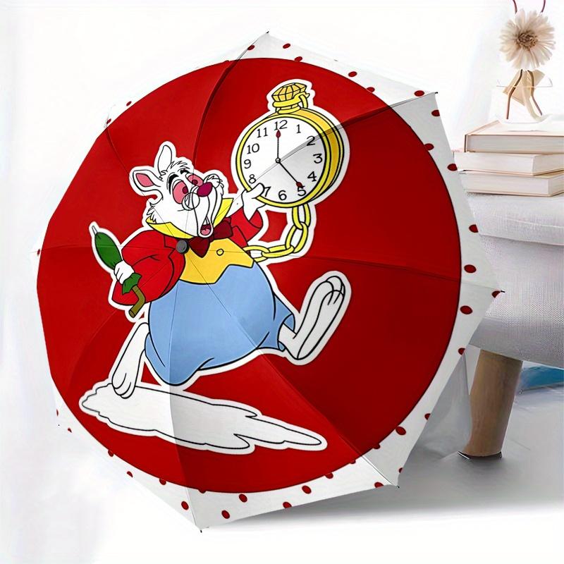 Disney White Rabbit, Pocket Watch Automatic Open/Close Fashion umbrella - Cute Umbrella with Cute Design, Portable 3-Fold Compact Umbrella f