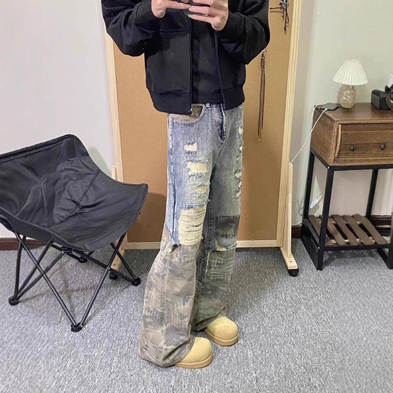 American Retro Fake Two-piece Pants Design Sense Premium Camouflage Splicing Jeans Men's Cleanfit Straight Pants