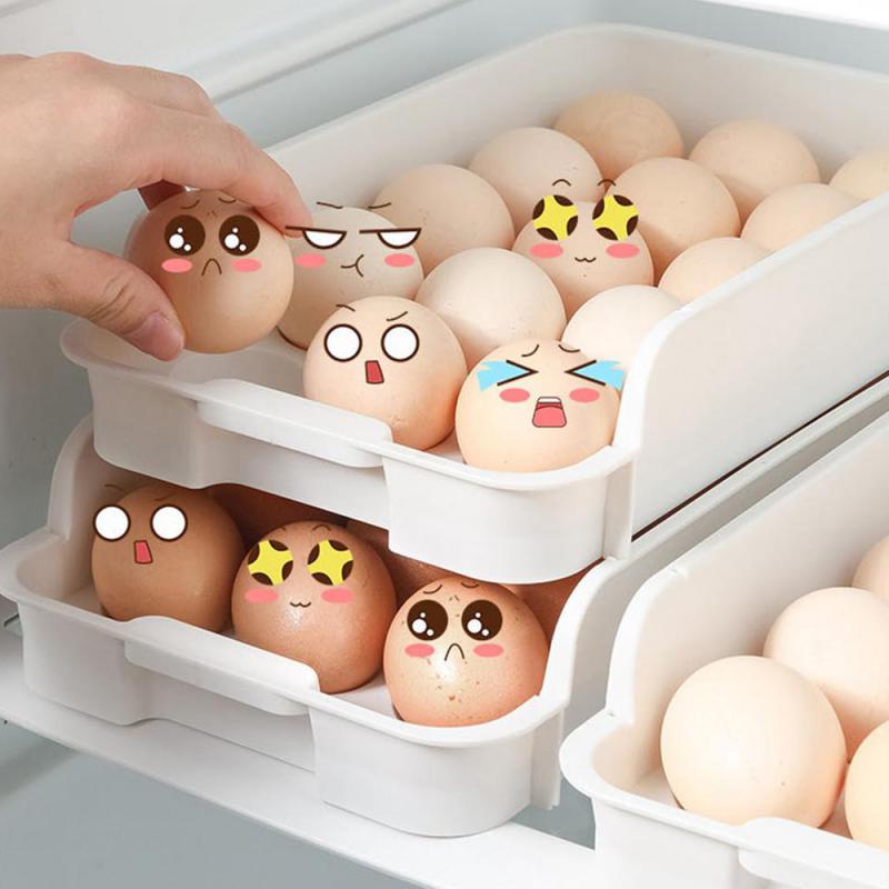 Automatic Scrolling Egg Rack Holder Storage Box Egg Basket Container Organizer Rolldown Refrigerator Double-layer Egg Shelf