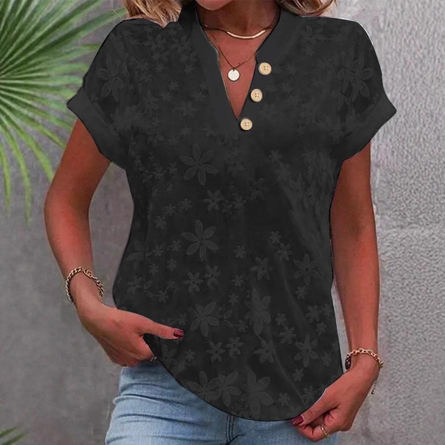 Women's Summer Floral V-Neck Blouse Casual Short Sleeve Button T-Shirt