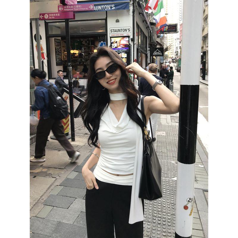 

Mulvan Temperament Drag Sister Design Sense Swing Collar Ribbon Vest Top Women Sweet Cool Short Slim fit Sleeveless T-shirt White(In stock) S