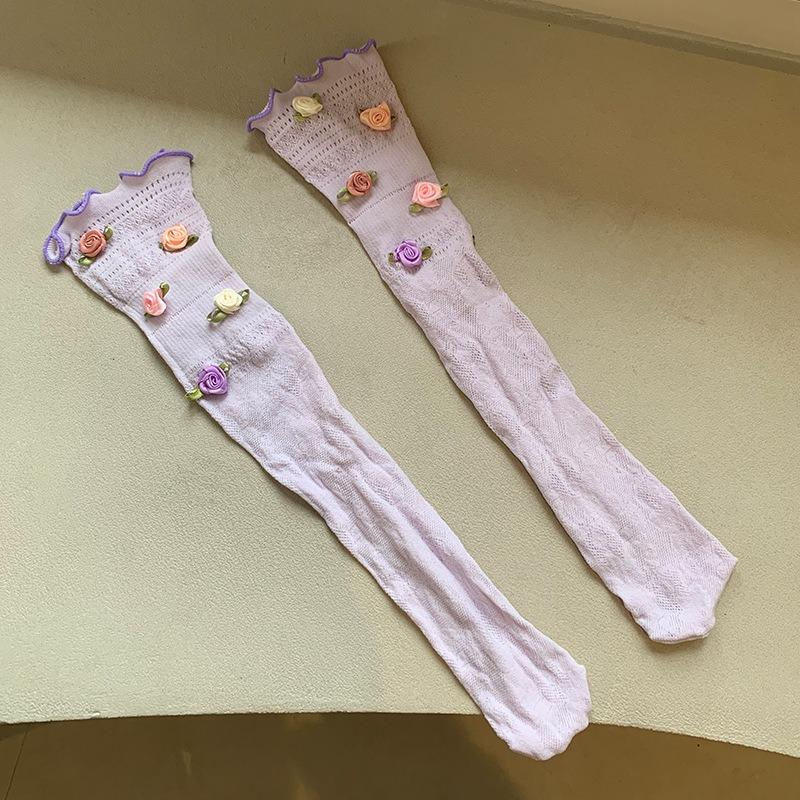 Rose Flowers Lace Socks for Women Summer Spring Sweet Lovely Breathale Cotton Middle Tube Socks Mesh Sock Girls Daily Hosiery