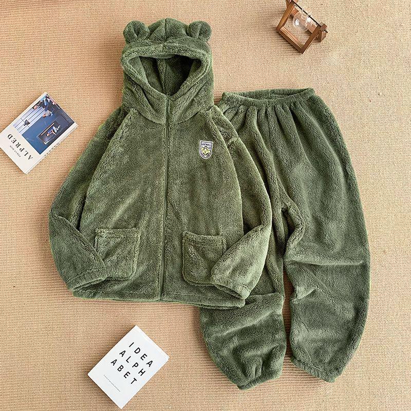 Women's Flannel Pajamas: Stylish Velvet-Lined, Thickened Hooded Coral Fleece for Autumn/Winter—Perfect As Homewear or Outerwear.