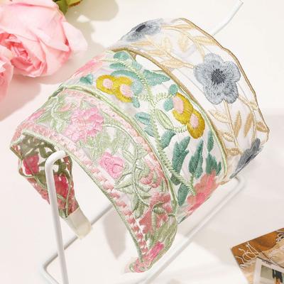 Mesh Yarn Wide Headband Retro Embroidery Flower Pattern Hair Hoop Soft Elastic Headband Hair Accessory