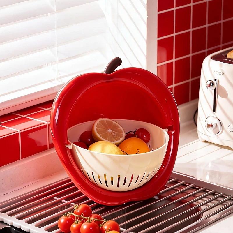 Cute Apple Drain Basket Double Wash Fruit Blue Kitchen Home Living Room Vegetable Basin High Value New Model