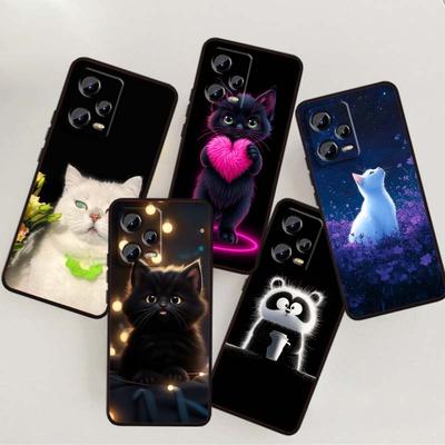 Illustration de chat de dessin animé anime Pour Xiaomi Redmi Note 15 14 13 12 12S 11E 11 11S Pro Plus 4G 5G Coque de téléphone en TPU souple Noir