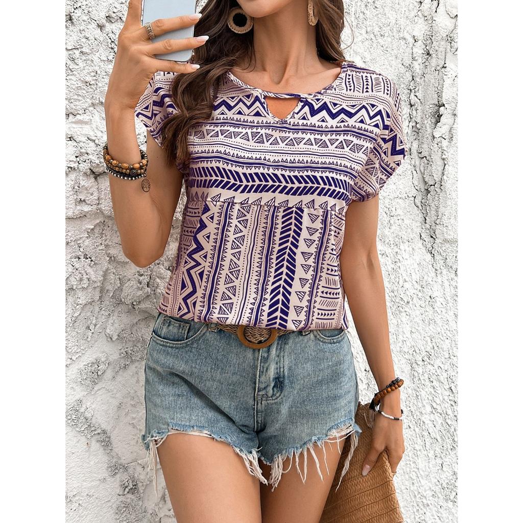GMXIA Women's European and American Geometric Pattern Round Neck Short-sleeved Shirt Top