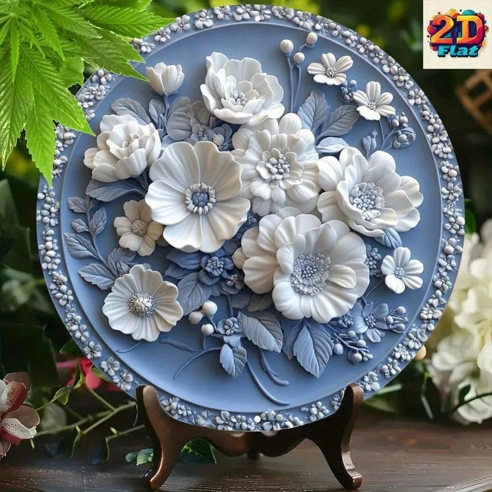 

Flat Floral Aluminum Wall Art Round White Flowers Light Blue Leaves Dark Blue 20x20 різнокольоровий