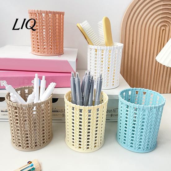 Pencil And Gadget Holder Imitation Rattan Pen Holder, Round Hollow Desk Organizer, Large Capacity Moisture-proof Cup for Pens Pencils Makeup Brushes,
