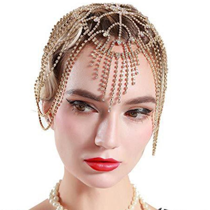 Damen Strass Quasten Kette Kopfschmuck Silber/ Golden Braut Haarschmuck für Abendkleid Party Abschlussball