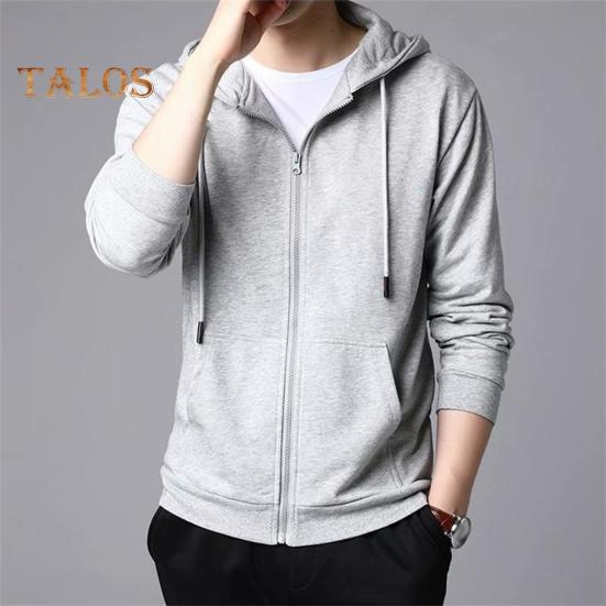 Spring Auutmn Men Coat Hooded Drawstring Zipper Closure Solid Color Elastic Cuffs Loose Sport Coat Thick Plush Outerwear for Various Occasions