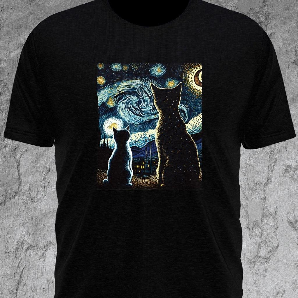 Men's Casual Graphic Tees For Summer Cats Looking At Night Sky Print Crew Neck T-shirts Trendy Chic Outfit Men's Clothings