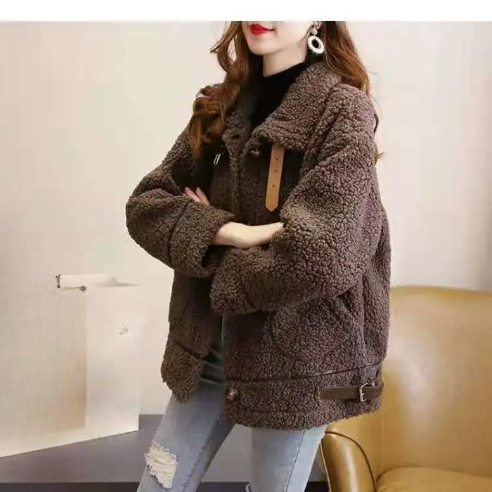 

Вільний Осінньо-Зимовий Універсальний Товстий Хутряний Суцільний Плюшевий Теплий Топ Пальто з Овечої Вовни Жіночий з Довгим Рукавом S кавовий