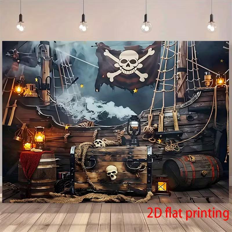 

2D Pirate Ship Backdrop Skull Crossbones Flag Treasure Chest Background for Party 47.2x31.5inch/120*80cm