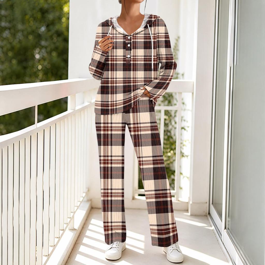 Women's V-Neck Printed Long Sleeve Hoodie Loungewear Set with Pockets - Loose Fit 2 Piece Casual Sleepwear Pajama Set for Home