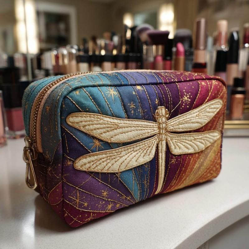 Dragonfly Print Quilted Makeup Bag Multi-functional U-shaped Storage Pouch
