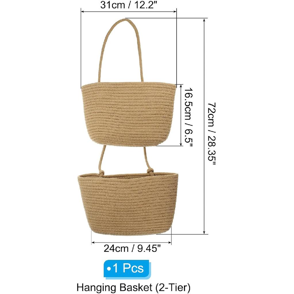 PATIKIL Hanging Basket Over The Door, 2-Tier Hanging Woven Cotton Rope Wall Mounted Storage Baskets Organizer Decorative for Books Flowers Closet