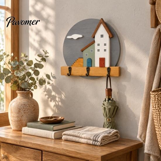 Wall Mounted Key Holder Nordic Wooden Cottage Holder, House Shaped Storage Rack with 3 Decorative Hooks for Metal Hook, Sturdy Organizer Entryway