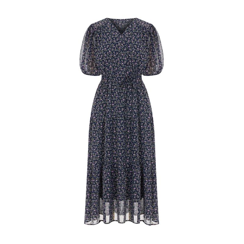 SELLY'S Chiffon Flower Puff Short Sleeve Long Dress_I6B-Cop008