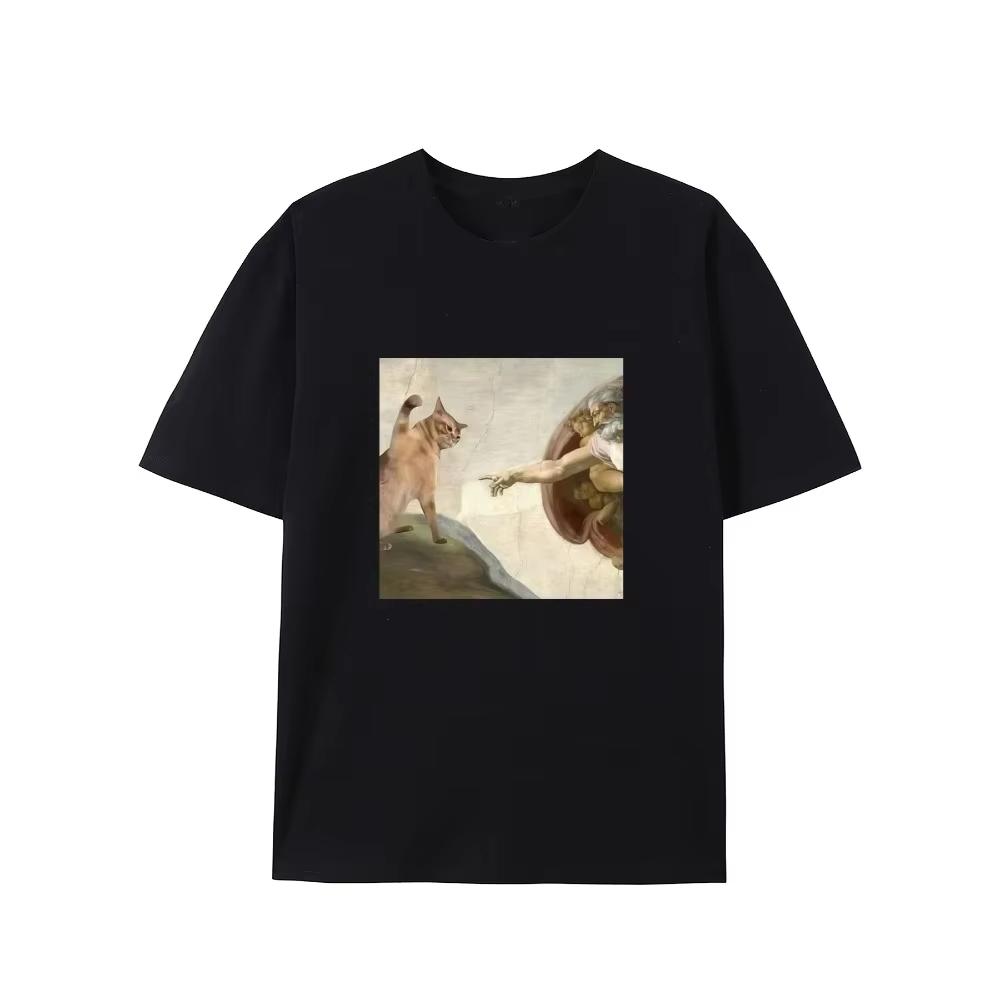 Humorous Cat and Adam Creation Parody Graphic TShirt Casual Crew Neck Tee Fit Short Sleeve for Adult Summer Casual Fashion Top