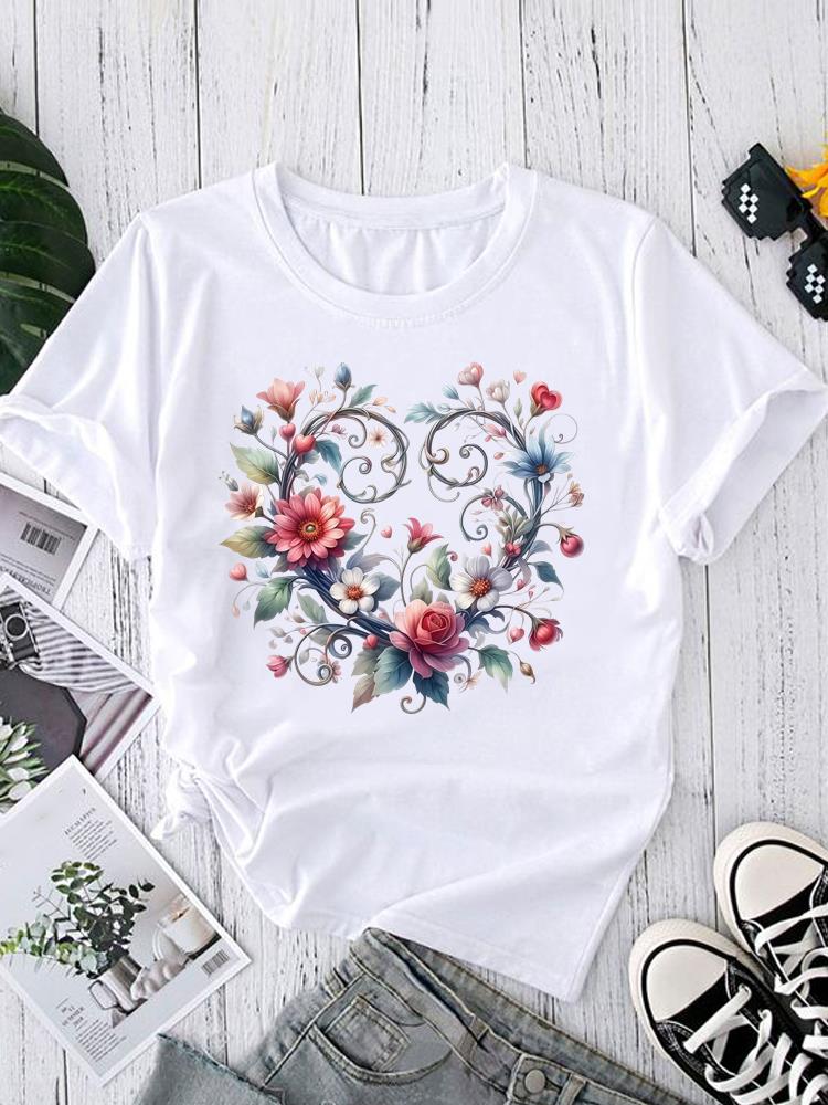 (Asian Size) Graphic Tee T-shirts Female Lovely Feather Style Casual Short Sleeve O-neck Fashion Print Women's Top T Clothing