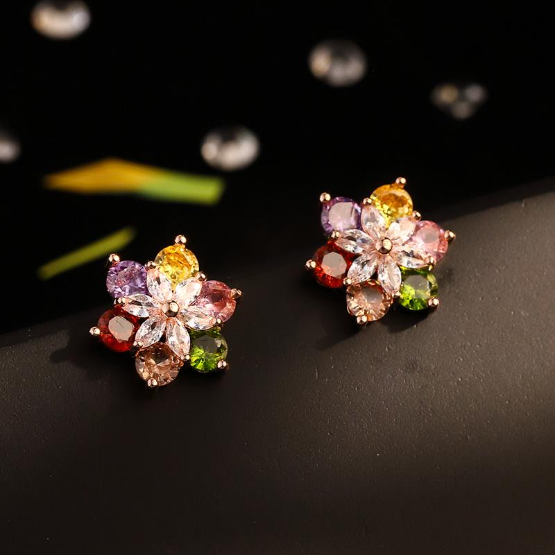 925 Silver Needle Flower Crystal Earrings, Korean Style High-End Zircon Studs, Sweet Dopamine Design for Women