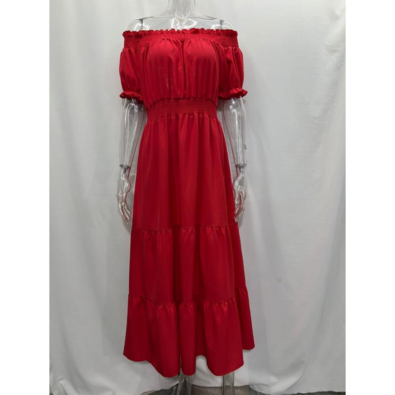 Off Shoulder Maxi Dress Short Sleeve Smocked Elastic High Waist Tiered Ruffle Flowy A-Line Casual Beach Vacation Daily Wear Solid Color Long Dress