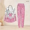 Women Plus Size Star Print Nurse Scrub Set V Neck Long Sleeve Pockets Red Blue White Two Piece