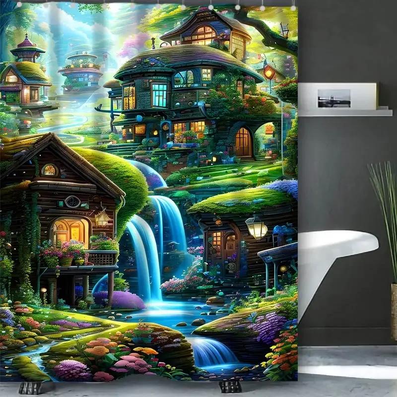 

Dream View Cottage Bathing Curtain Bathroom Shower Curtain Waterproof With 12 Hooks Home Deco Free Ship W60H190(CM)-1 Pcs