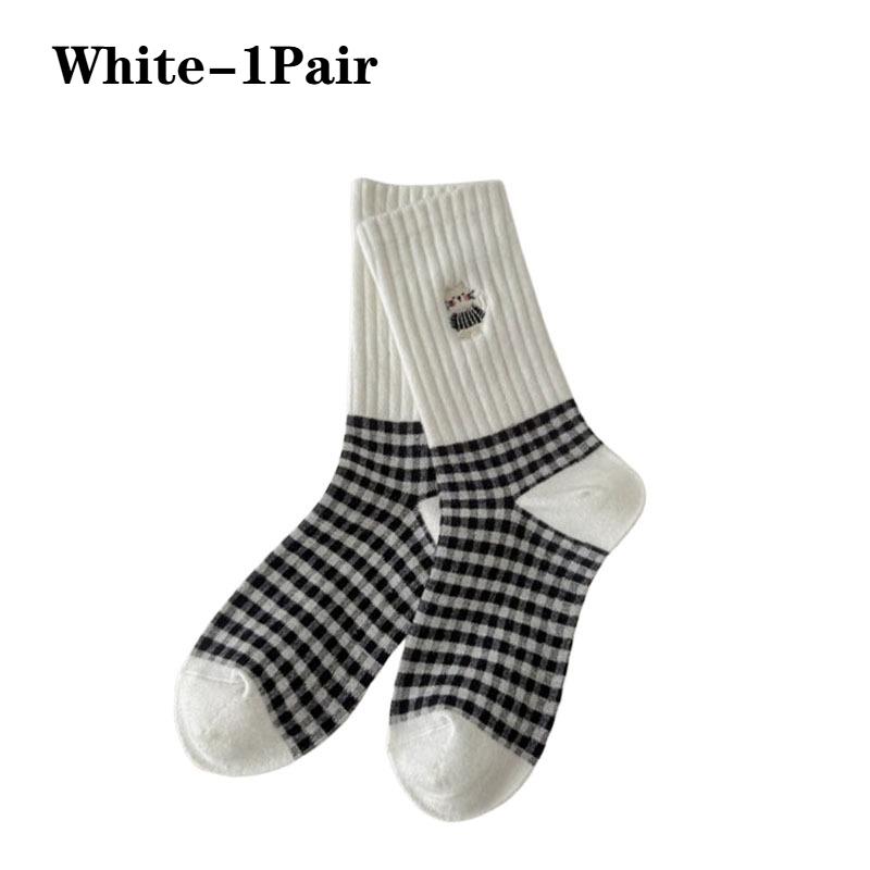 

1-10 пар Осенне-зимние милые мультяшные носки с котиками Женские носки до середины икры с длинным паголенком, черно-белые в клетку, в студенческом стиле, уютные хлопковые One Size