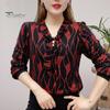 Women Tie Shirt V-neck Long Sleeve Pullover Tops Printing Faux Pearl Loose Fit Blouse Plus Size Streetwear