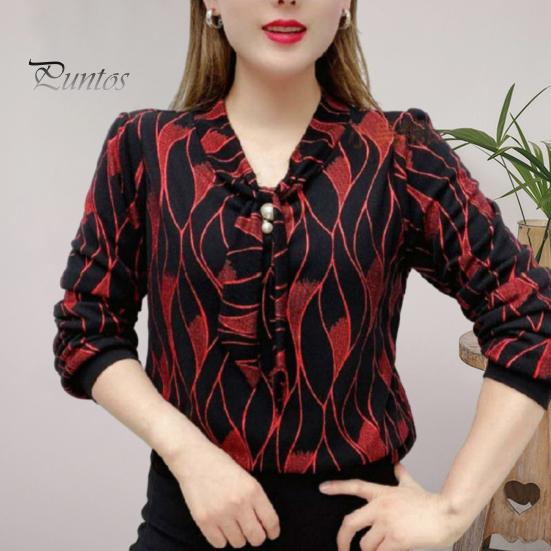 Women Tie Shirt V-neck Long Sleeve Pullover Tops Printing Faux Pearl Loose Fit Blouse Plus Size Streetwear