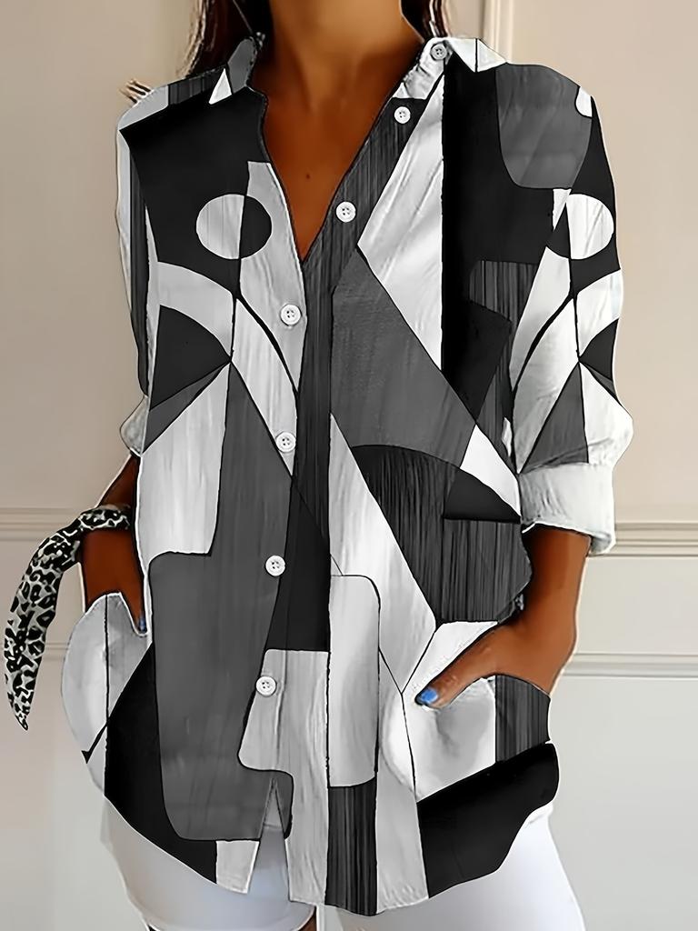 Women's Large Size Loose Printed Long Sleeve Button-Down Shirt - Lapel Casual Top for Spring and Autumn