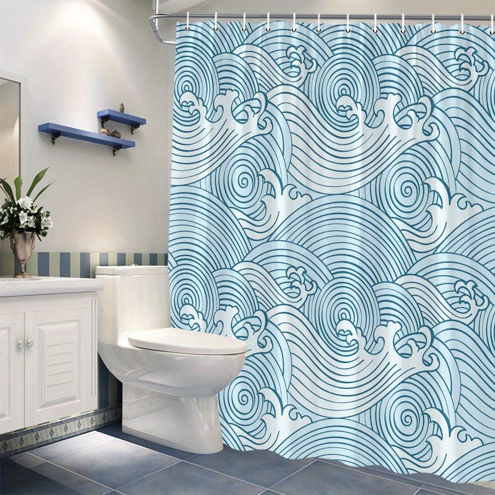 1pc Japanese Art-Inspired Blue Waves Shower Curtain - 70x70", Dynamic Design, Includes 12 Hooks