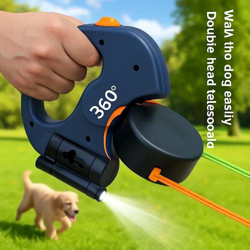 Auto Retractable Double-Ended Dog Leash 3m 1 Tow 2 Retractable Double Dog Leash with Flashlight and Bag Dispenser Pet Supplies
