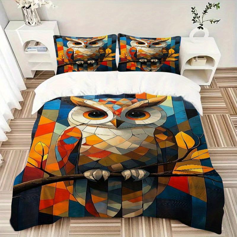 3pcs Owl Artwork Soft Comfortable Bedding Set, For Bedroom, Guest Room And Dorm, All - Season Use, High-Definition Printing194