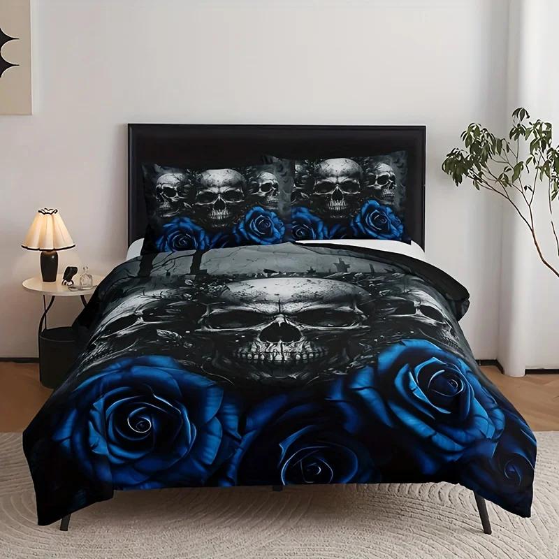 Fashion Blue Rose Skull Print Duvet Cover Soft Comfortable Bedding Set For Bedroom (1*Duvet Cover+2*Pillowcase) For Halloween