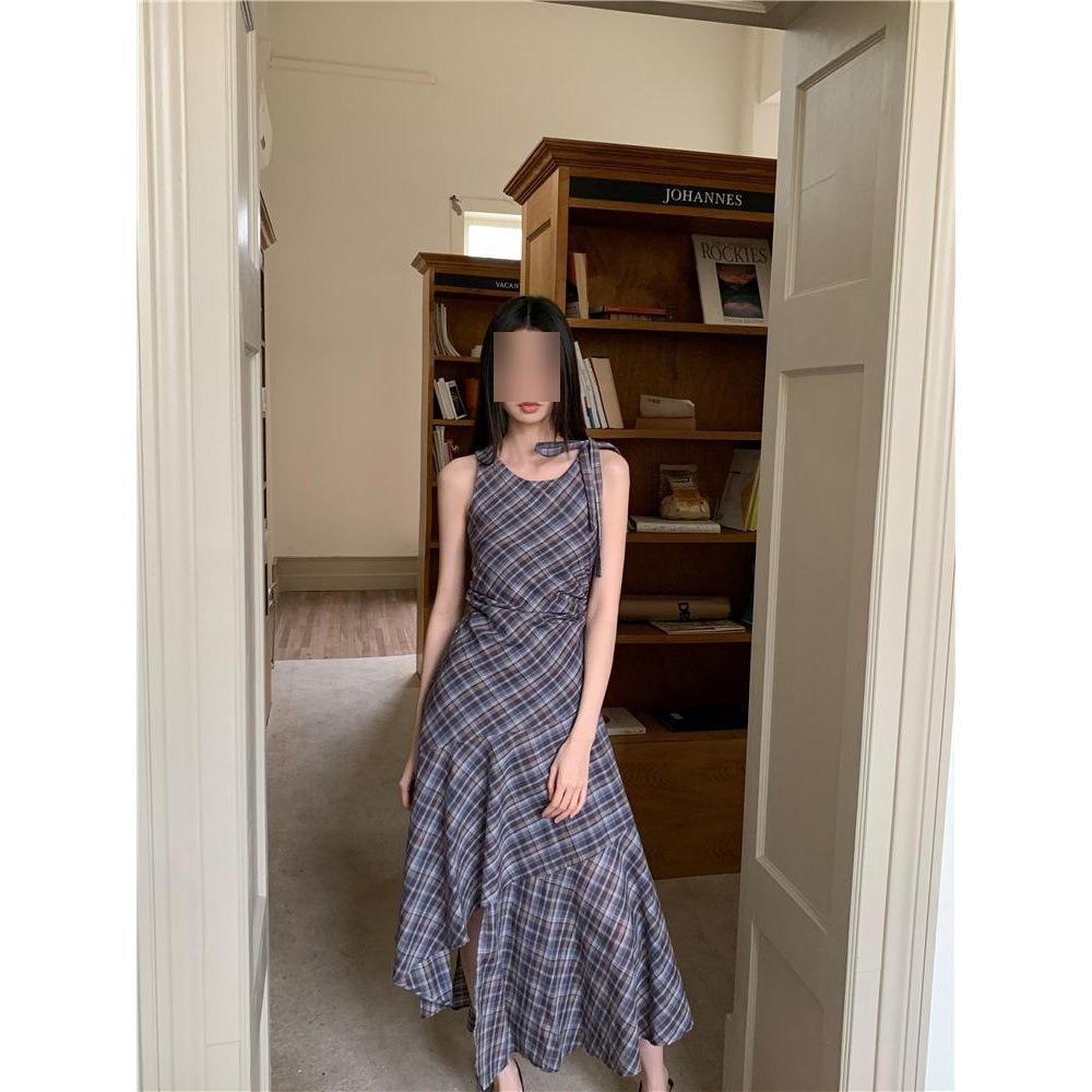 

Американское винтажное клетчатое платье без рукавов женское летнее новое нишевое нерегулярное платье-жилет миди длины XL- (recommended 110-60kg)